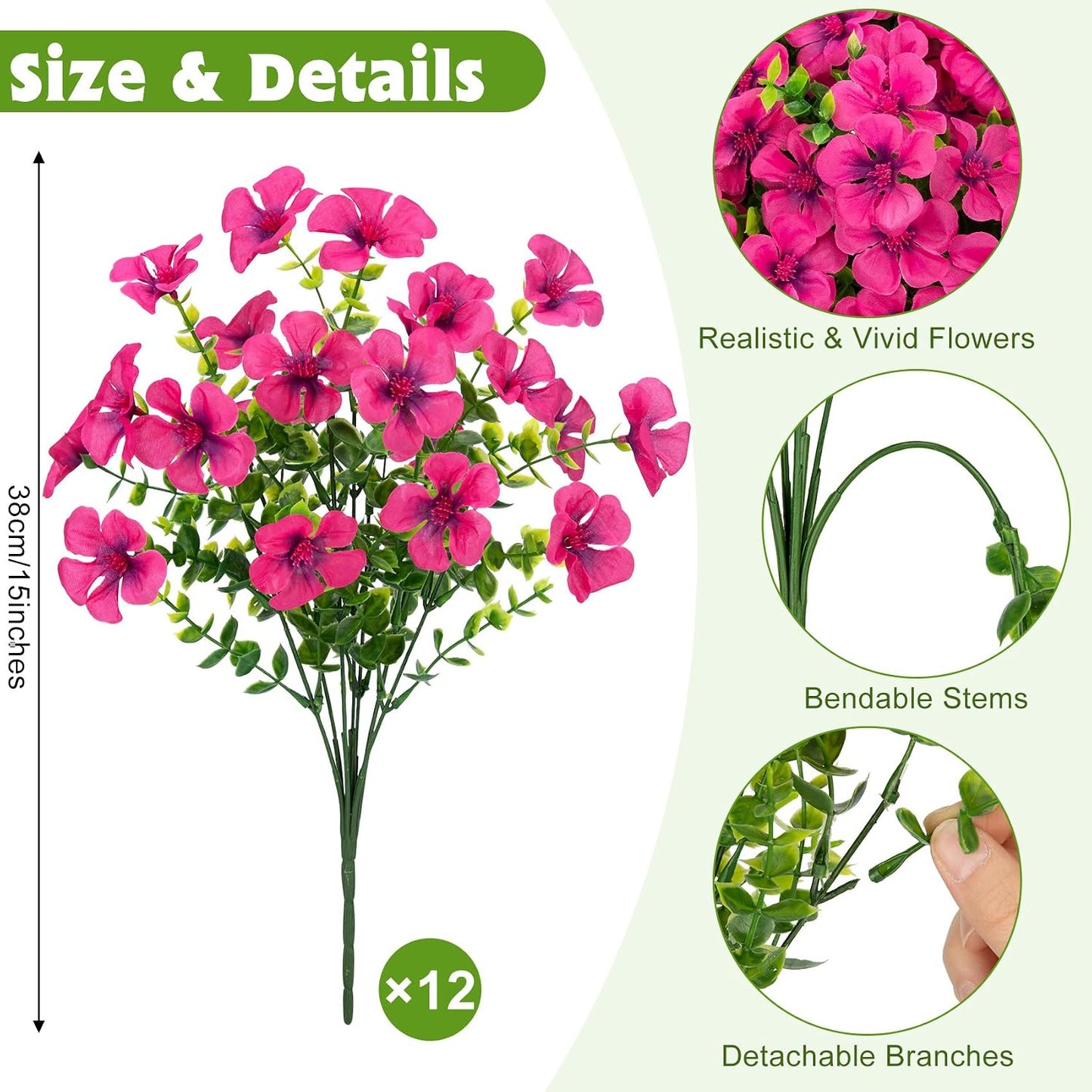 12 Pcs Artificial Geranium Flowers for Outdoors Decoration, Red | UV resistant, silk flowers, fake eucalyptus greenery, for spring summer garden patio porch yard table decor