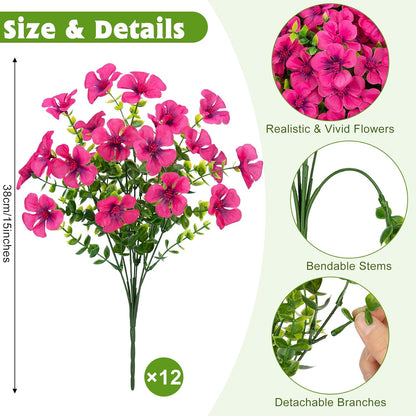 12 Pcs Artificial Geranium Flowers for Outdoors Decoration, Red | UV resistant, silk flowers, fake eucalyptus greenery, for spring summer garden patio porch yard table decor