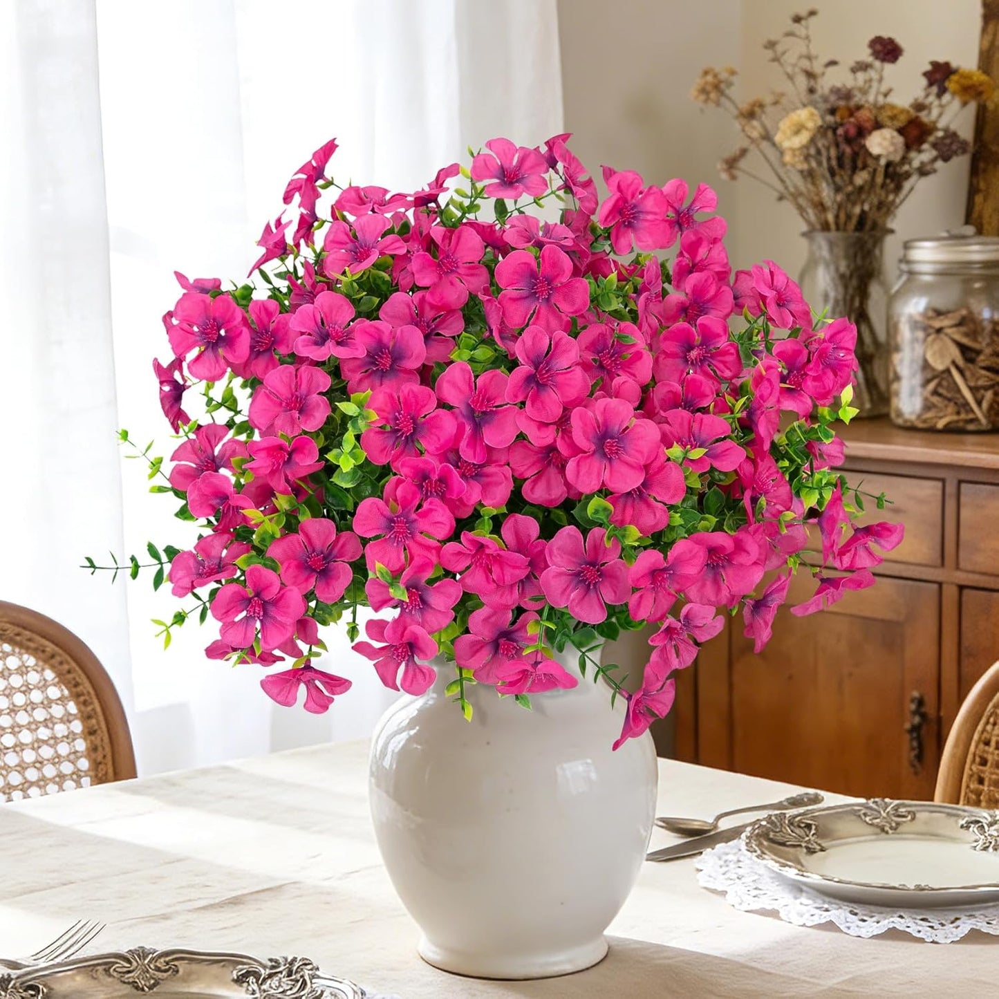 12 Pcs Artificial Geranium Flowers for Outdoors Decoration, Red | UV resistant, silk flowers, fake eucalyptus greenery, for spring summer garden patio porch yard table decor