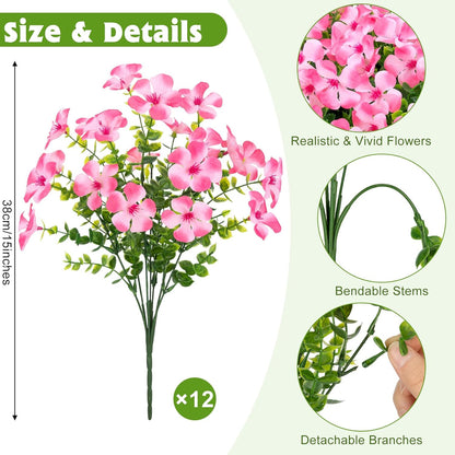 12 Pcs Artificial Geranium Flowers for Outdoors Decoration, Red | UV resistant, silk flowers, fake eucalyptus greenery, for spring summer garden patio porch yard table decor