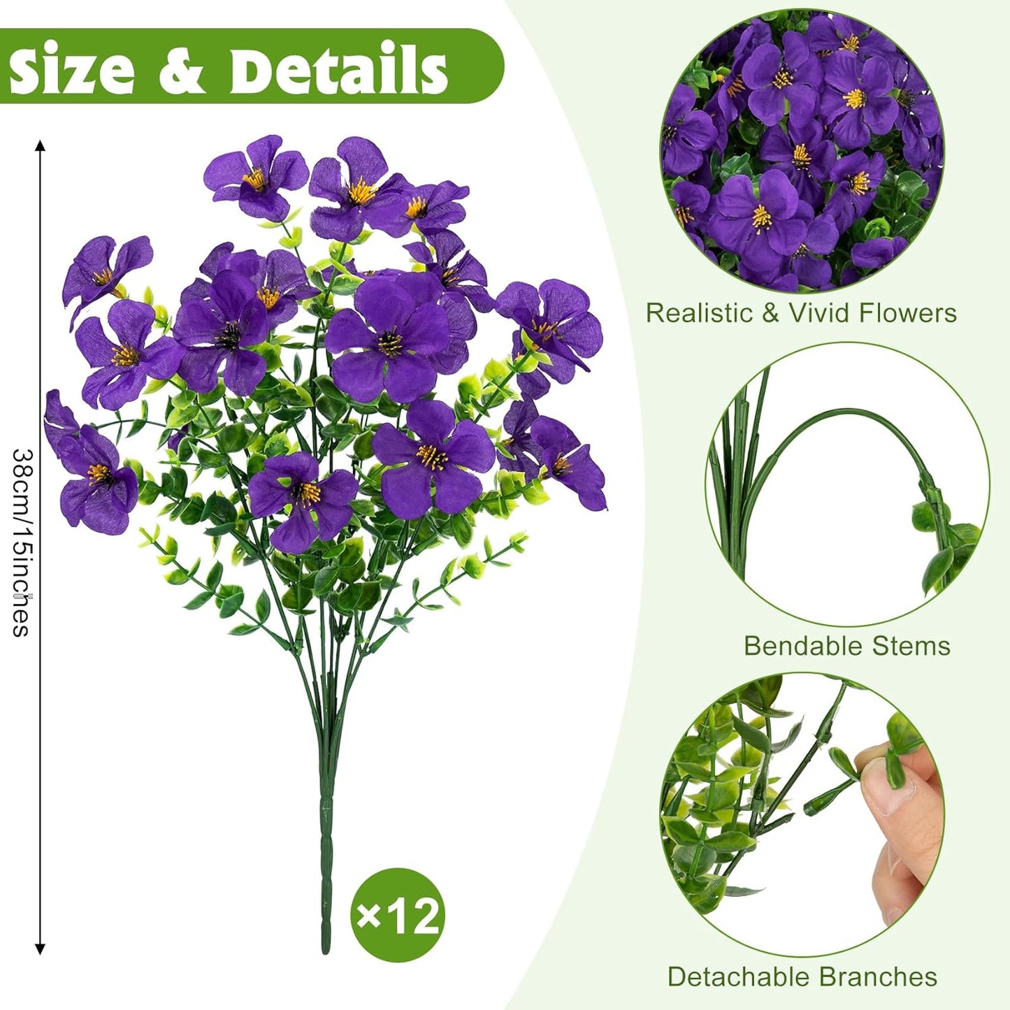 12 Pcs Artificial Geranium Flowers for Outdoors Decoration, Red | UV resistant, silk flowers, fake eucalyptus greenery, for spring summer garden patio porch yard table decor