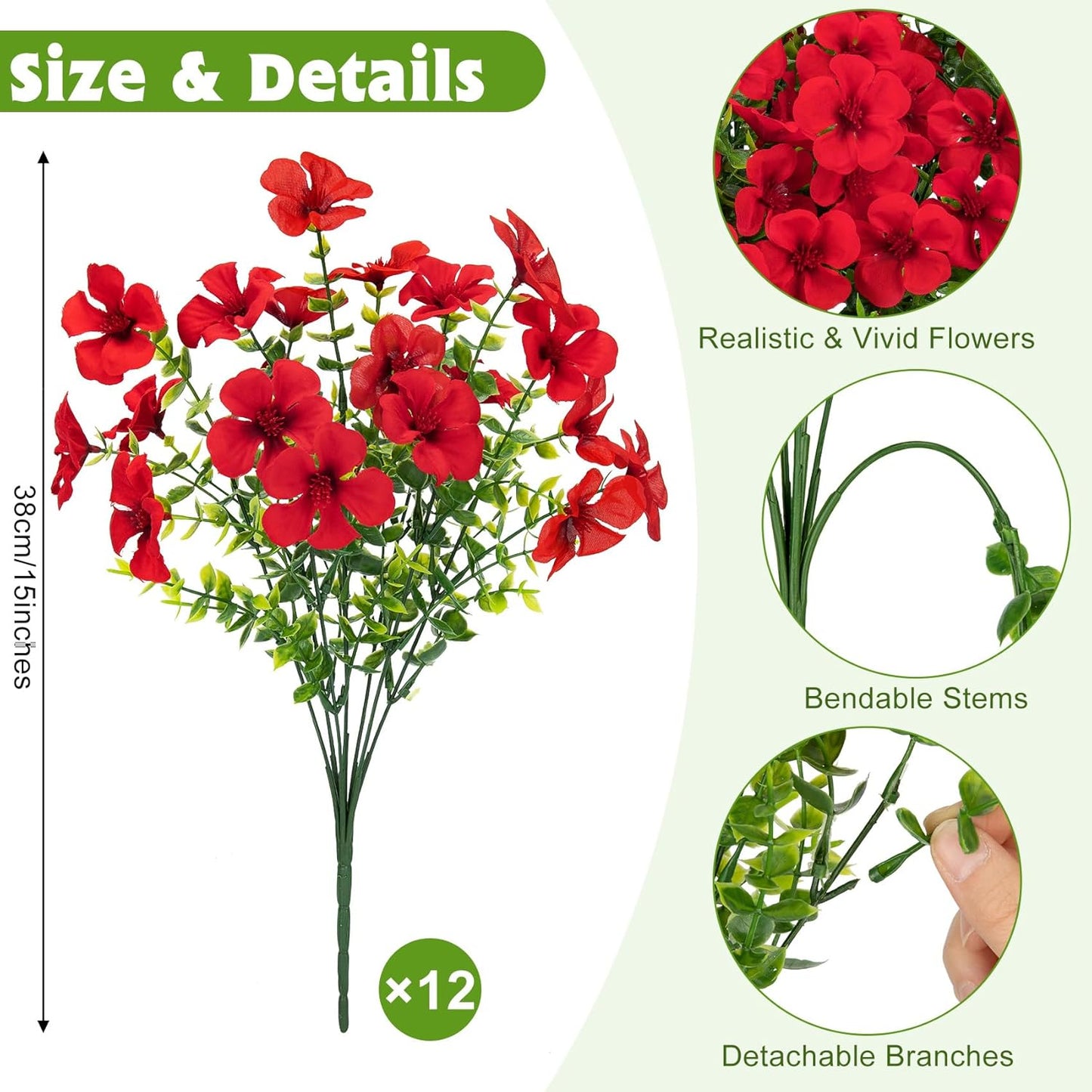 12 Pcs Artificial Geranium Flowers for Outdoors Decoration, Red | UV resistant, silk flowers, fake eucalyptus greenery, for spring summer garden patio porch yard table decor