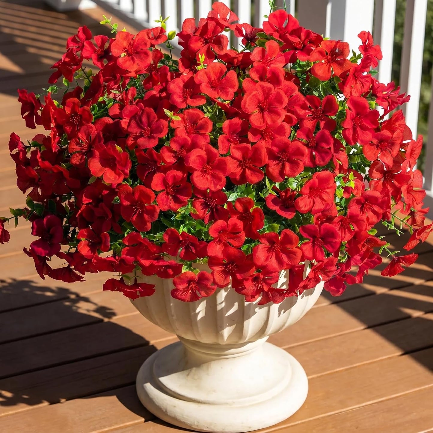 12 Pcs Artificial Geranium Flowers for Outdoors Decoration, Red | UV resistant, silk flowers, fake eucalyptus greenery, for spring summer garden patio porch yard table decor