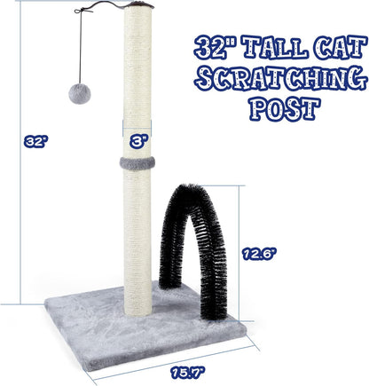 32" Tall Cat Scratching Posts for Indoor Cats, 3-in-1 Vertical Cat Scratching Post with Plush Toys, Premium Sisal Post for Cats at All Ages with Reinforced Stable Base, Beige