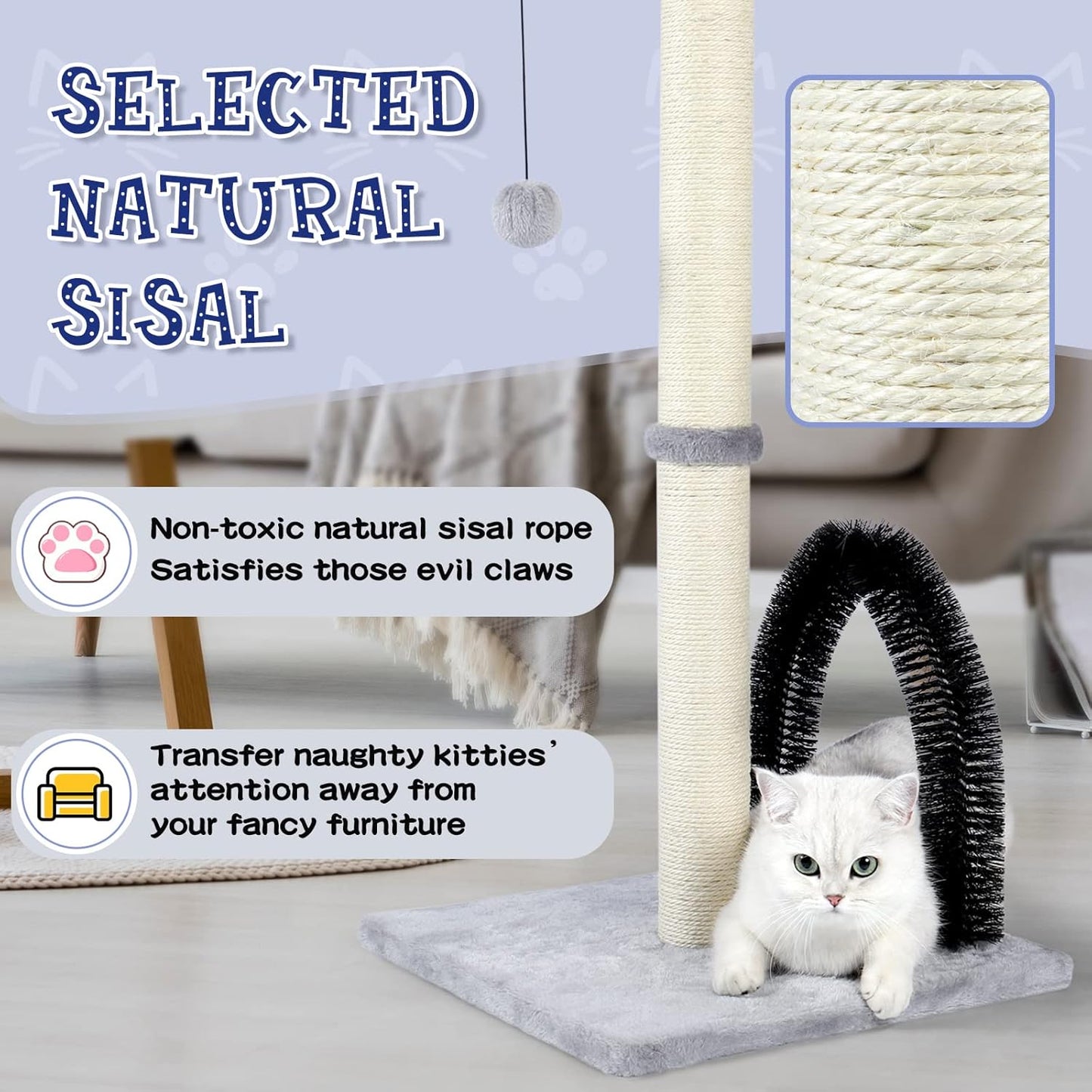32" Tall Cat Scratching Posts for Indoor Cats, 3-in-1 Vertical Cat Scratching Post with Plush Toys, Premium Sisal Post for Cats at All Ages with Reinforced Stable Base, Beige