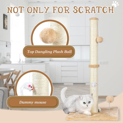 32" Tall Cat Scratching Posts for Indoor Cats, 3-in-1 Vertical Cat Scratching Post with Plush Toys, Premium Sisal Post for Cats at All Ages with Reinforced Stable Base, Beige