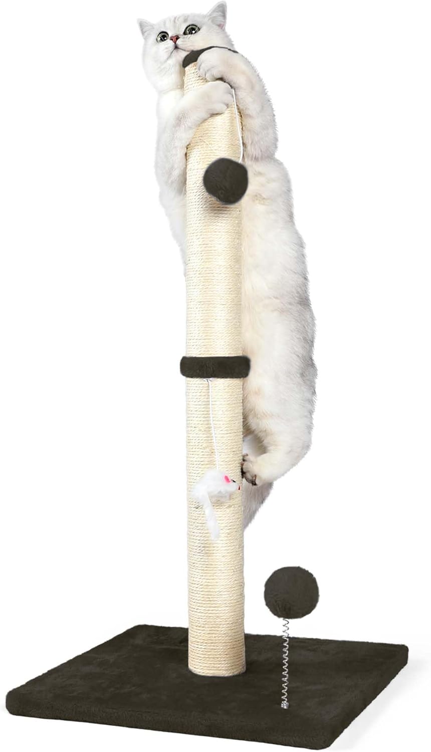 32" Tall Cat Scratching Posts for Indoor Cats, 3-in-1 Vertical Cat Scratching Post with Plush Toys, Premium Sisal Post for Cats at All Ages with Reinforced Stable Base, Beige