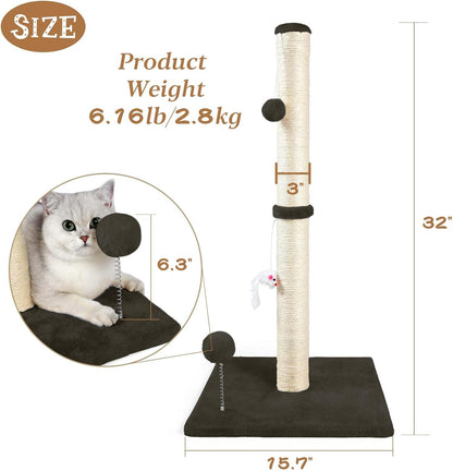32" Tall Cat Scratching Posts for Indoor Cats, 3-in-1 Vertical Cat Scratching Post with Plush Toys, Premium Sisal Post for Cats at All Ages with Reinforced Stable Base, Beige