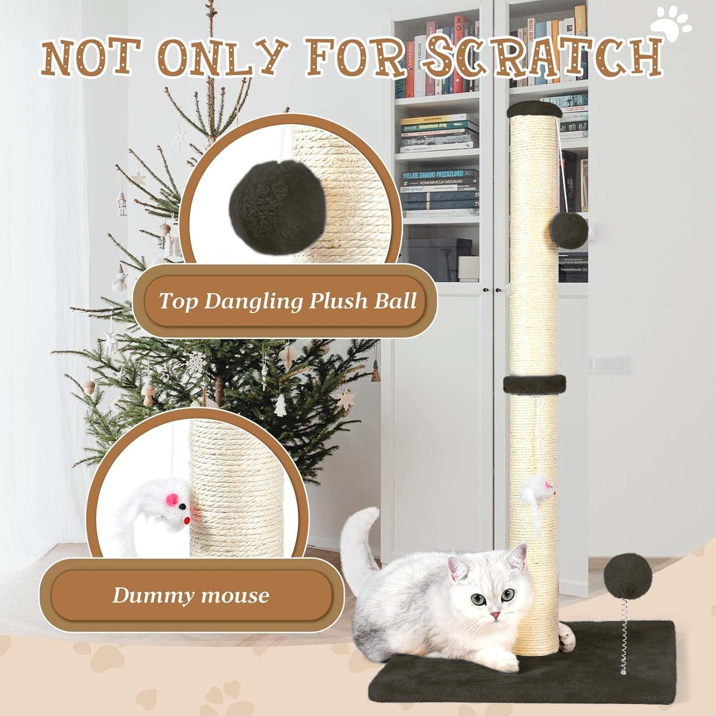 32" Tall Cat Scratching Posts for Indoor Cats, 3-in-1 Vertical Cat Scratching Post with Plush Toys, Premium Sisal Post for Cats at All Ages with Reinforced Stable Base, Beige