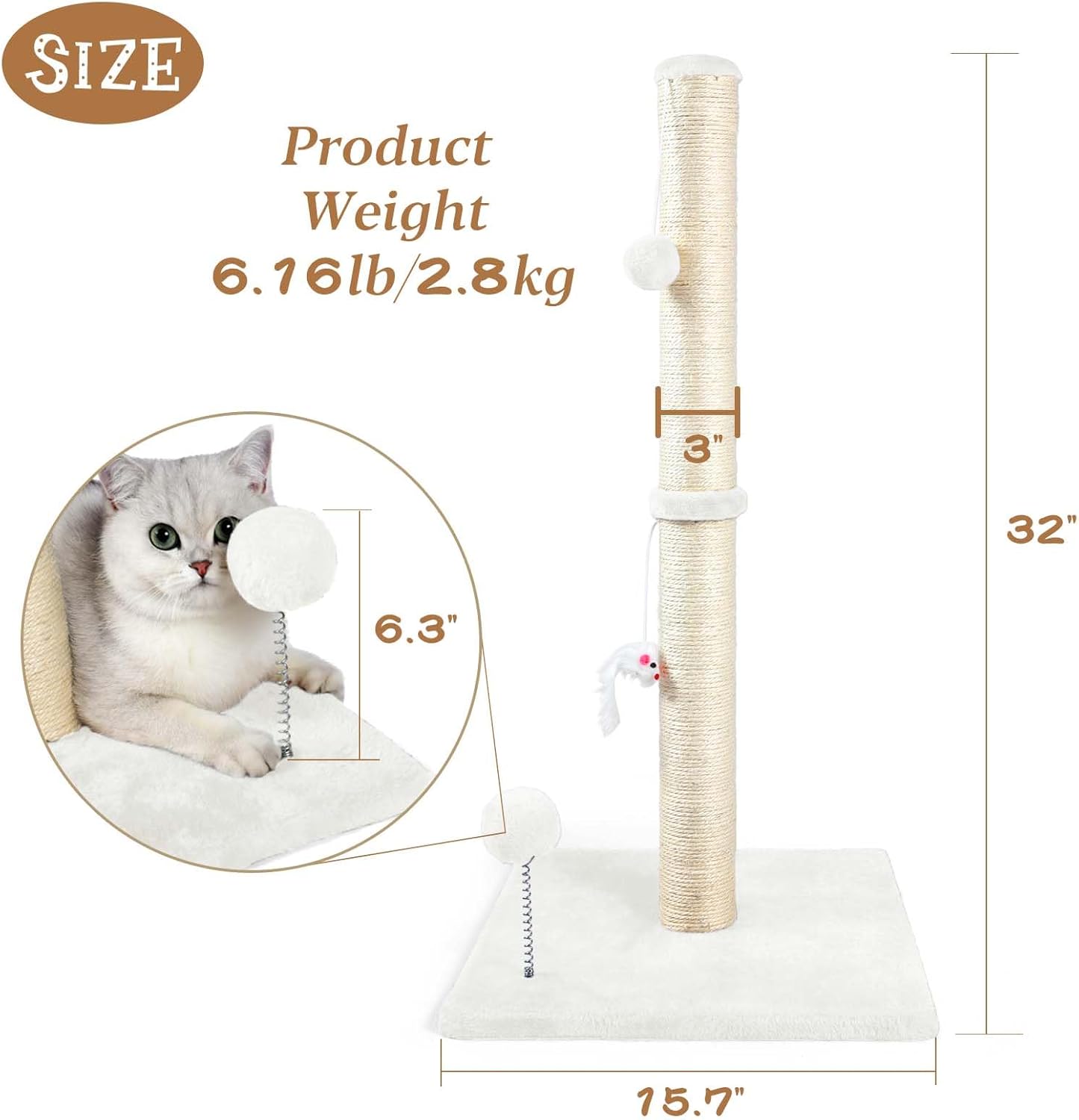 32" Tall Cat Scratching Posts for Indoor Cats, 3-in-1 Vertical Cat Scratching Post with Plush Toys, Premium Sisal Post for Cats at All Ages with Reinforced Stable Base, Beige