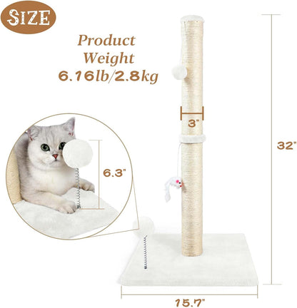 32" Tall Cat Scratching Posts for Indoor Cats, 3-in-1 Vertical Cat Scratching Post with Plush Toys, Premium Sisal Post for Cats at All Ages with Reinforced Stable Base, Beige
