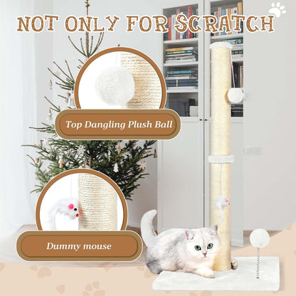 32" Tall Cat Scratching Posts for Indoor Cats, 3-in-1 Vertical Cat Scratching Post with Plush Toys, Premium Sisal Post for Cats at All Ages with Reinforced Stable Base, Beige
