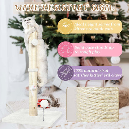 32" Tall Cat Scratching Posts for Indoor Cats, 3-in-1 Vertical Cat Scratching Post with Plush Toys, Premium Sisal Post for Cats at All Ages with Reinforced Stable Base, Beige