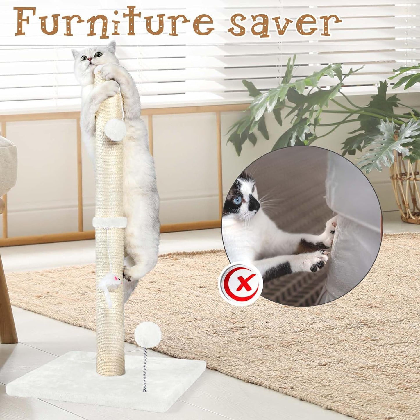 32" Tall Cat Scratching Posts for Indoor Cats, 3-in-1 Vertical Cat Scratching Post with Plush Toys, Premium Sisal Post for Cats at All Ages with Reinforced Stable Base, Beige