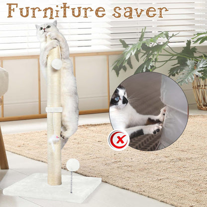 32" Tall Cat Scratching Posts for Indoor Cats, 3-in-1 Vertical Cat Scratching Post with Plush Toys, Premium Sisal Post for Cats at All Ages with Reinforced Stable Base, Beige