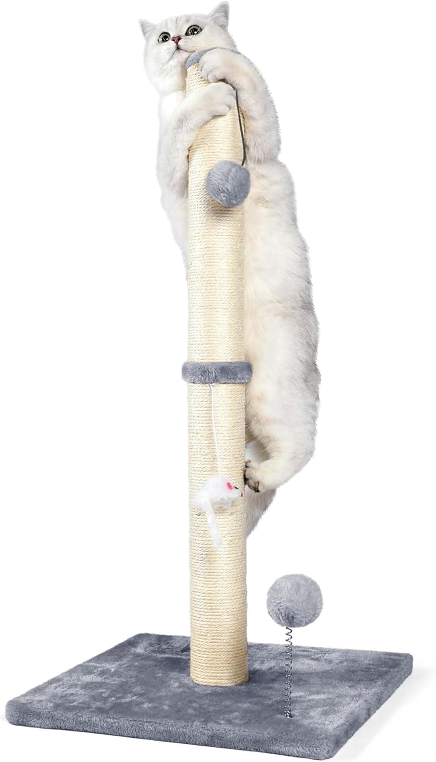 32" Tall Cat Scratching Posts for Indoor Cats, 3-in-1 Vertical Cat Scratching Post with Plush Toys, Premium Sisal Post for Cats at All Ages with Reinforced Stable Base, Beige