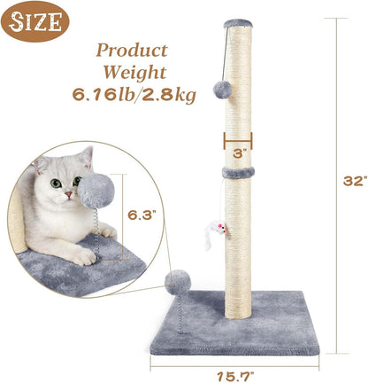 32" Tall Cat Scratching Posts for Indoor Cats, 3-in-1 Vertical Cat Scratching Post with Plush Toys, Premium Sisal Post for Cats at All Ages with Reinforced Stable Base, Beige