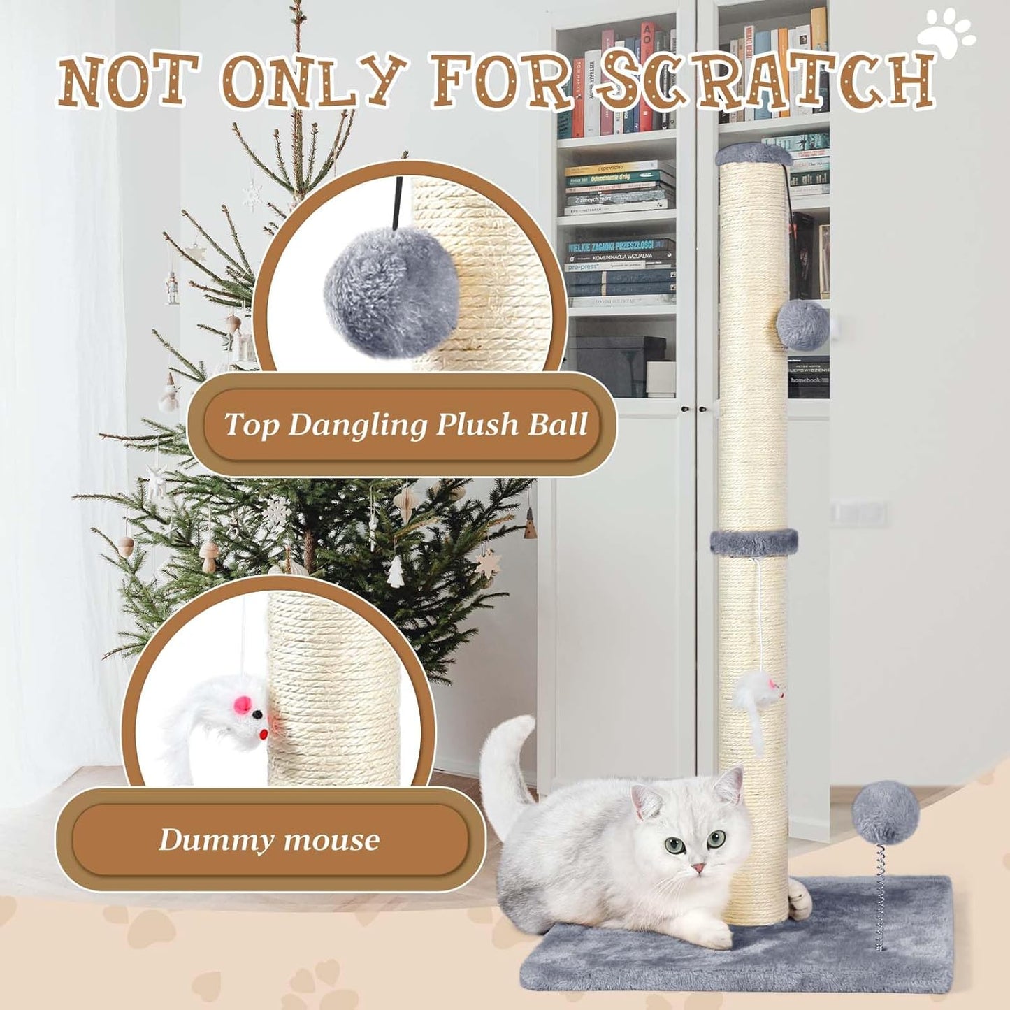 32" Tall Cat Scratching Posts for Indoor Cats, 3-in-1 Vertical Cat Scratching Post with Plush Toys, Premium Sisal Post for Cats at All Ages with Reinforced Stable Base, Beige