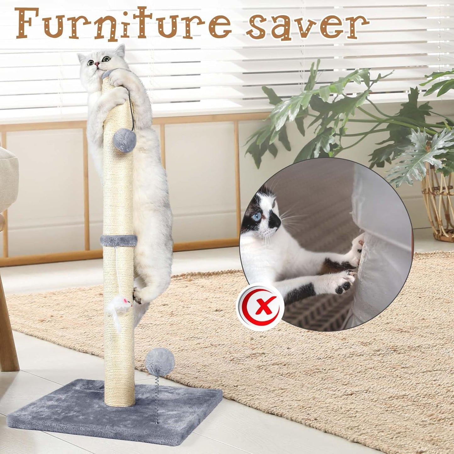 32" Tall Cat Scratching Posts for Indoor Cats, 3-in-1 Vertical Cat Scratching Post with Plush Toys, Premium Sisal Post for Cats at All Ages with Reinforced Stable Base, Beige