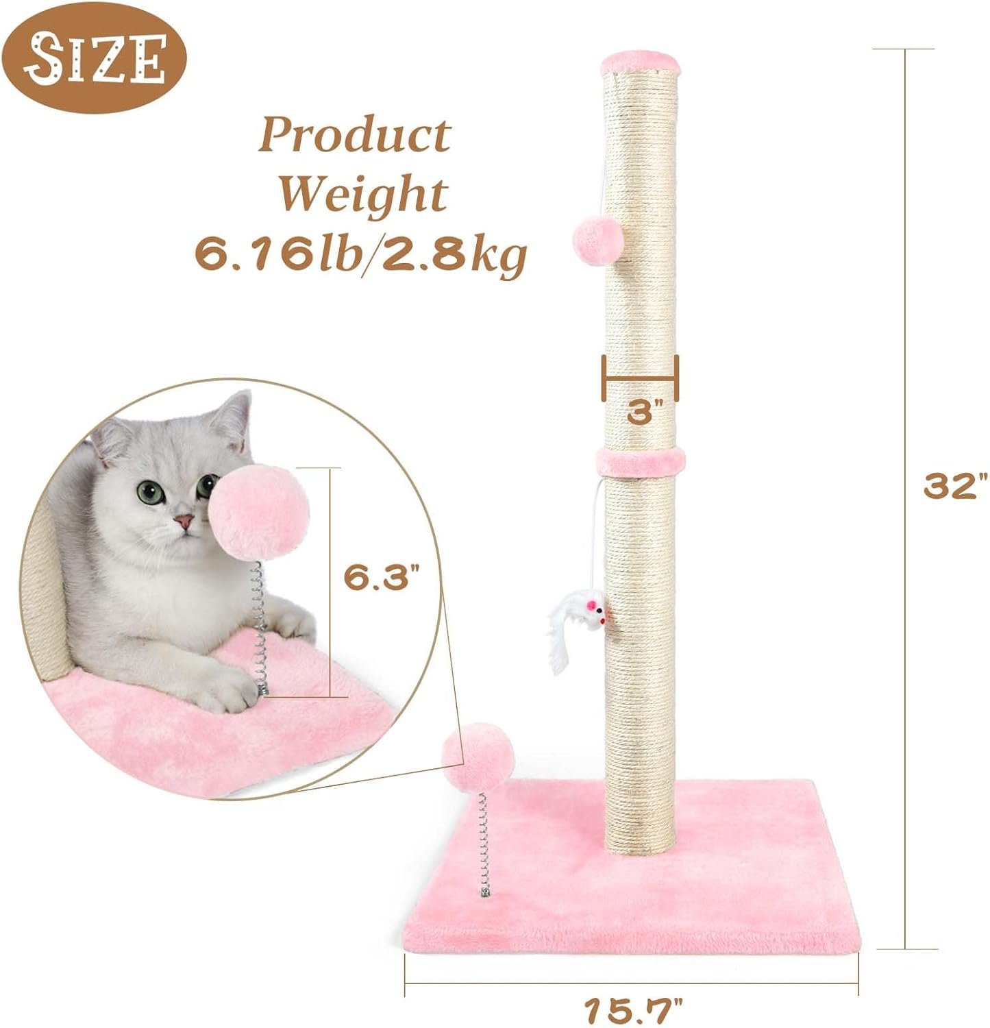 32" Tall Cat Scratching Posts for Indoor Cats, 3-in-1 Vertical Cat Scratching Post with Plush Toys, Premium Sisal Post for Cats at All Ages with Reinforced Stable Base, Beige