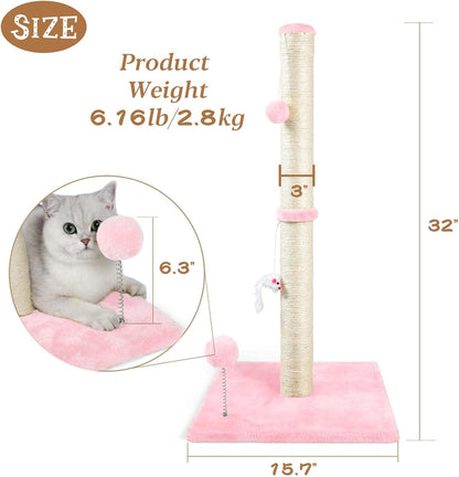 32" Tall Cat Scratching Posts for Indoor Cats, 3-in-1 Vertical Cat Scratching Post with Plush Toys, Premium Sisal Post for Cats at All Ages with Reinforced Stable Base, Beige