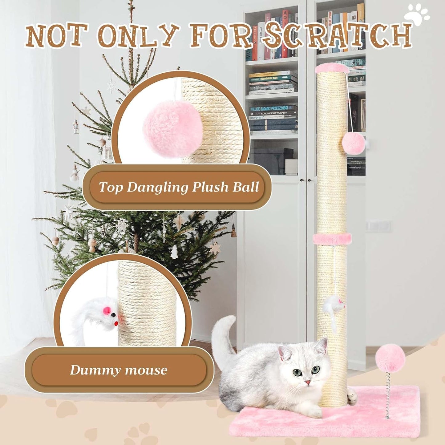 32" Tall Cat Scratching Posts for Indoor Cats, 3-in-1 Vertical Cat Scratching Post with Plush Toys, Premium Sisal Post for Cats at All Ages with Reinforced Stable Base, Beige