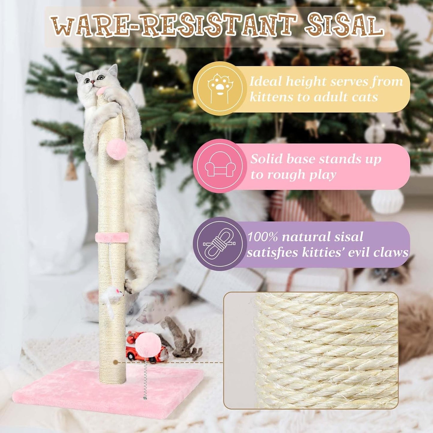 32" Tall Cat Scratching Posts for Indoor Cats, 3-in-1 Vertical Cat Scratching Post with Plush Toys, Premium Sisal Post for Cats at All Ages with Reinforced Stable Base, Beige