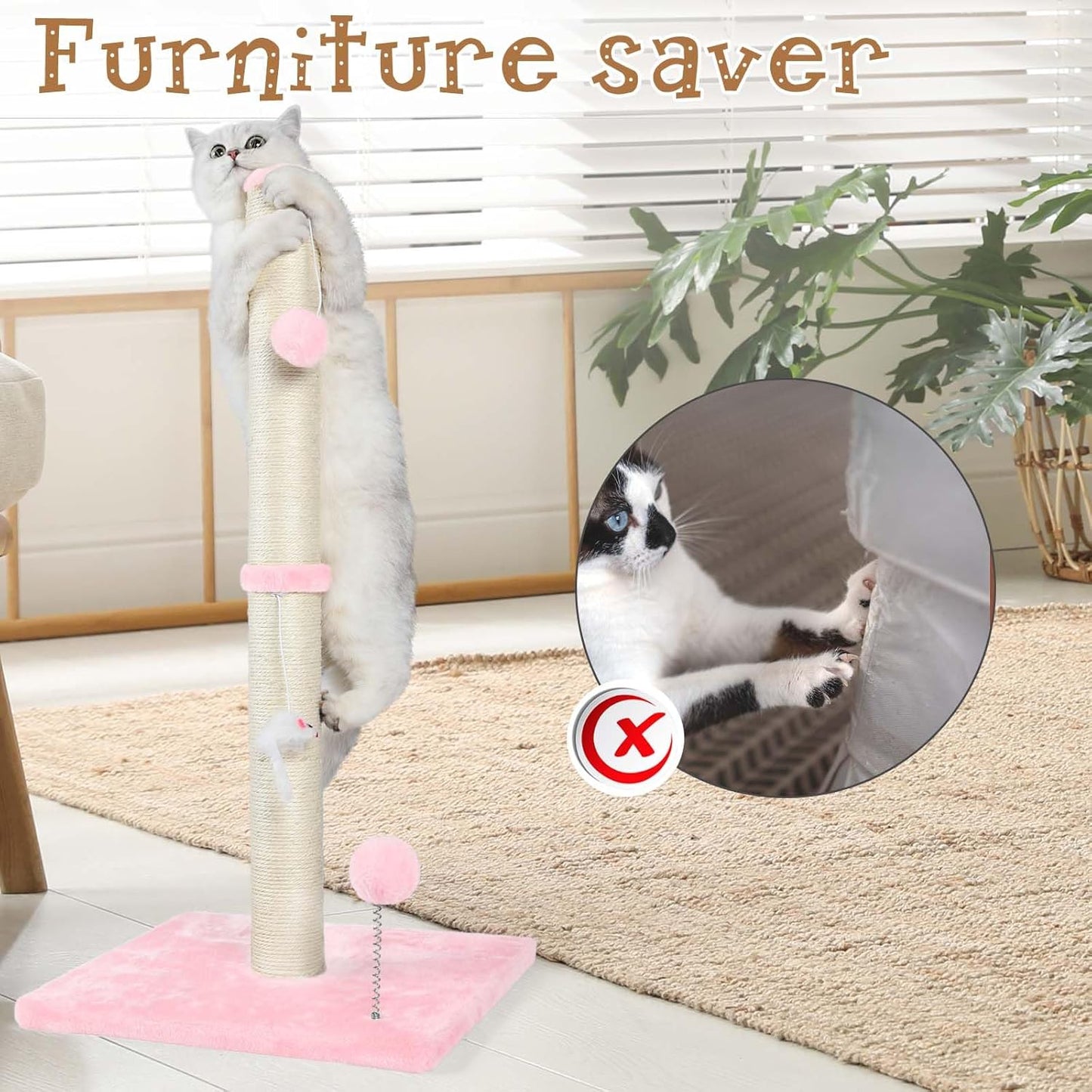 32" Tall Cat Scratching Posts for Indoor Cats, 3-in-1 Vertical Cat Scratching Post with Plush Toys, Premium Sisal Post for Cats at All Ages with Reinforced Stable Base, Beige