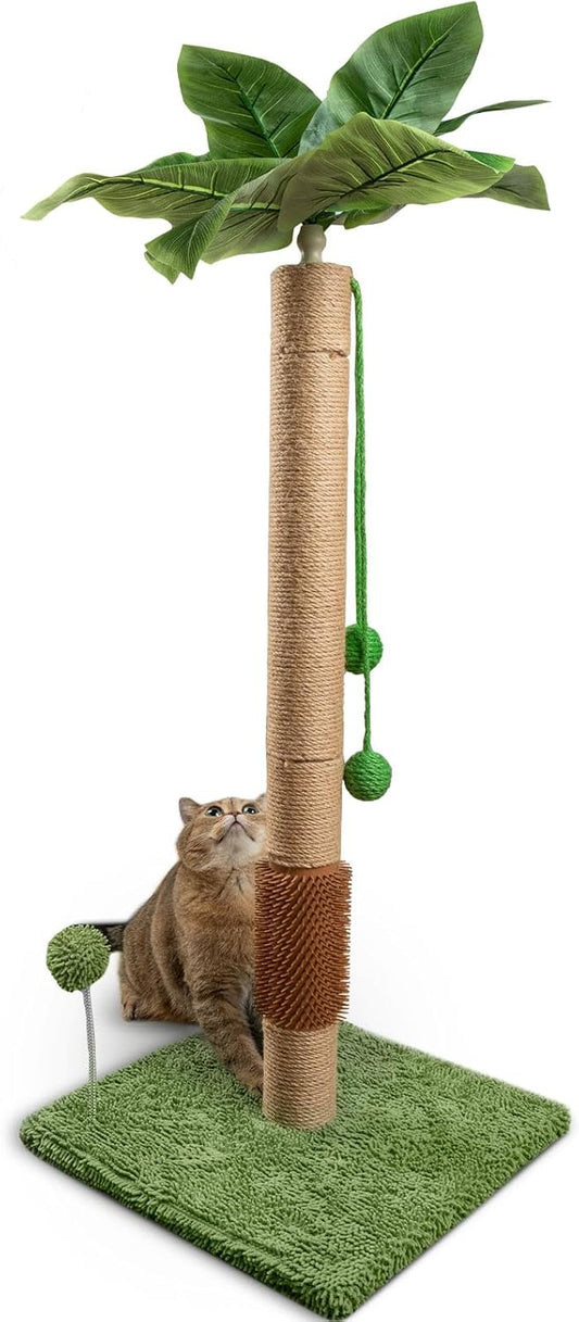 32" Tall Cat Scratching Posts for Indoor Cats, 3-in-1 Vertical Cat Scratching Post with Plush Toys, Premium Sisal Post for Cats at All Ages with Reinforced Stable Base, Beige