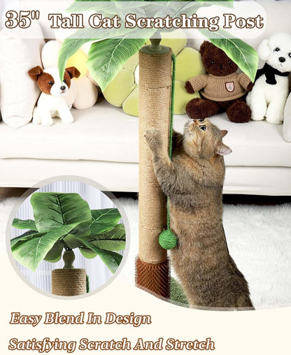 32" Tall Cat Scratching Posts for Indoor Cats, 3-in-1 Vertical Cat Scratching Post with Plush Toys, Premium Sisal Post for Cats at All Ages with Reinforced Stable Base, Beige