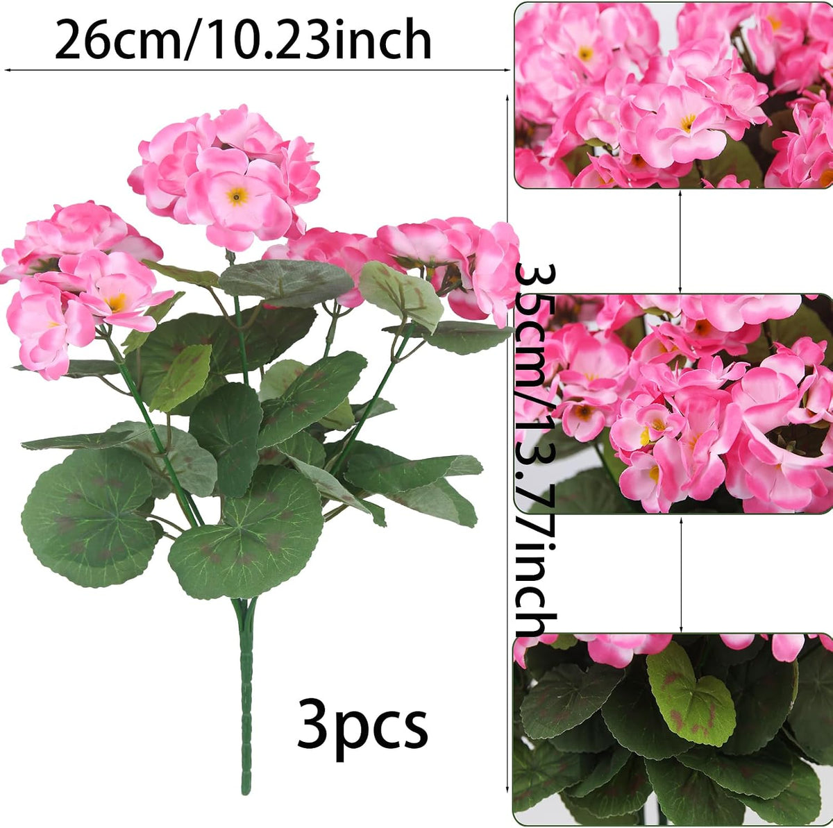 3 Pcs Artificial Geraniums Flowers Silk Geraniums for Outdoors UV Resistant Pink Artificial Geranium Bush Faux Flowers Plant for Planter Garden Home Decor Indoor Patio Vase Table Centerpiece