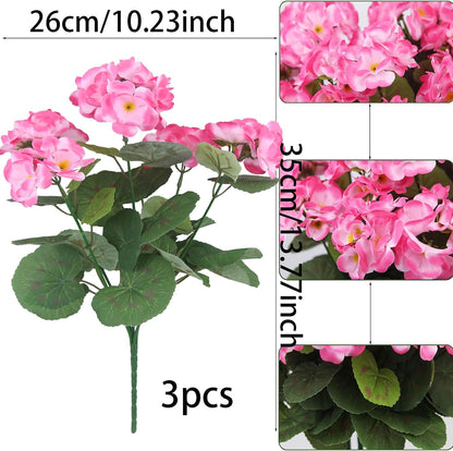 3 Pcs Artificial Geraniums Flowers Silk Geraniums for Outdoors UV Resistant Pink Artificial Geranium Bush Faux Flowers Plant for Planter Garden Home Decor Indoor Patio Vase Table Centerpiece