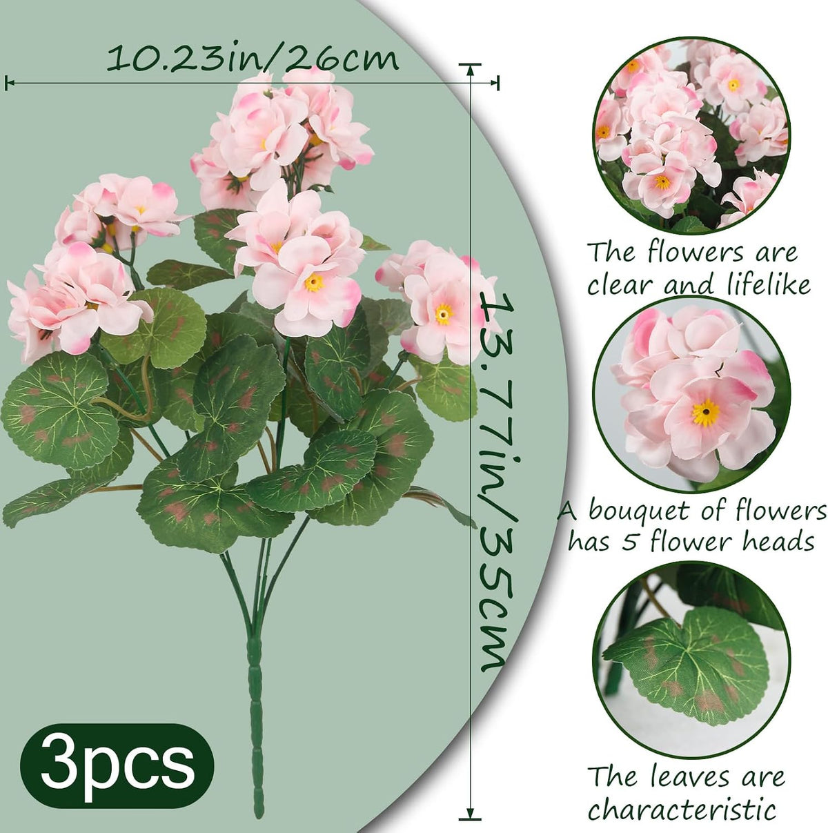 3 Pcs Artificial Geraniums Flowers Silk Geraniums for Outdoors UV Resistant Pink Artificial Geranium Bush Faux Flowers Plant for Planter Garden Home Decor Indoor Patio Vase Table Centerpiece
