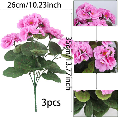 3 Pcs Artificial Geraniums Flowers Silk Geraniums for Outdoors UV Resistant Pink Artificial Geranium Bush Faux Flowers Plant for Planter Garden Home Decor Indoor Patio Vase Table Centerpiece