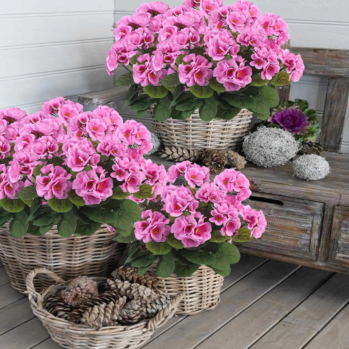 3 Pcs Artificial Geraniums Flowers Silk Geraniums for Outdoors UV Resistant Pink Artificial Geranium Bush Faux Flowers Plant for Planter Garden Home Decor Indoor Patio Vase Table Centerpiece