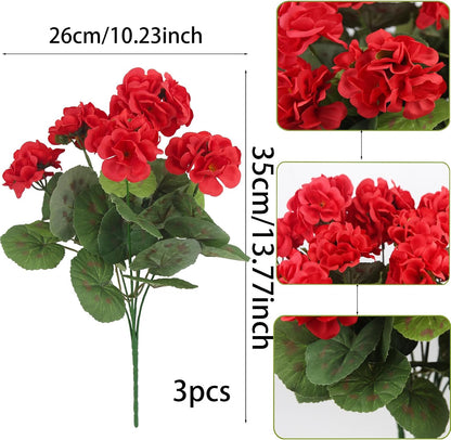 3 Pcs Artificial Geraniums Flowers Silk Geraniums for Outdoors UV Resistant Pink Artificial Geranium Bush Faux Flowers Plant for Planter Garden Home Decor Indoor Patio Vase Table Centerpiece