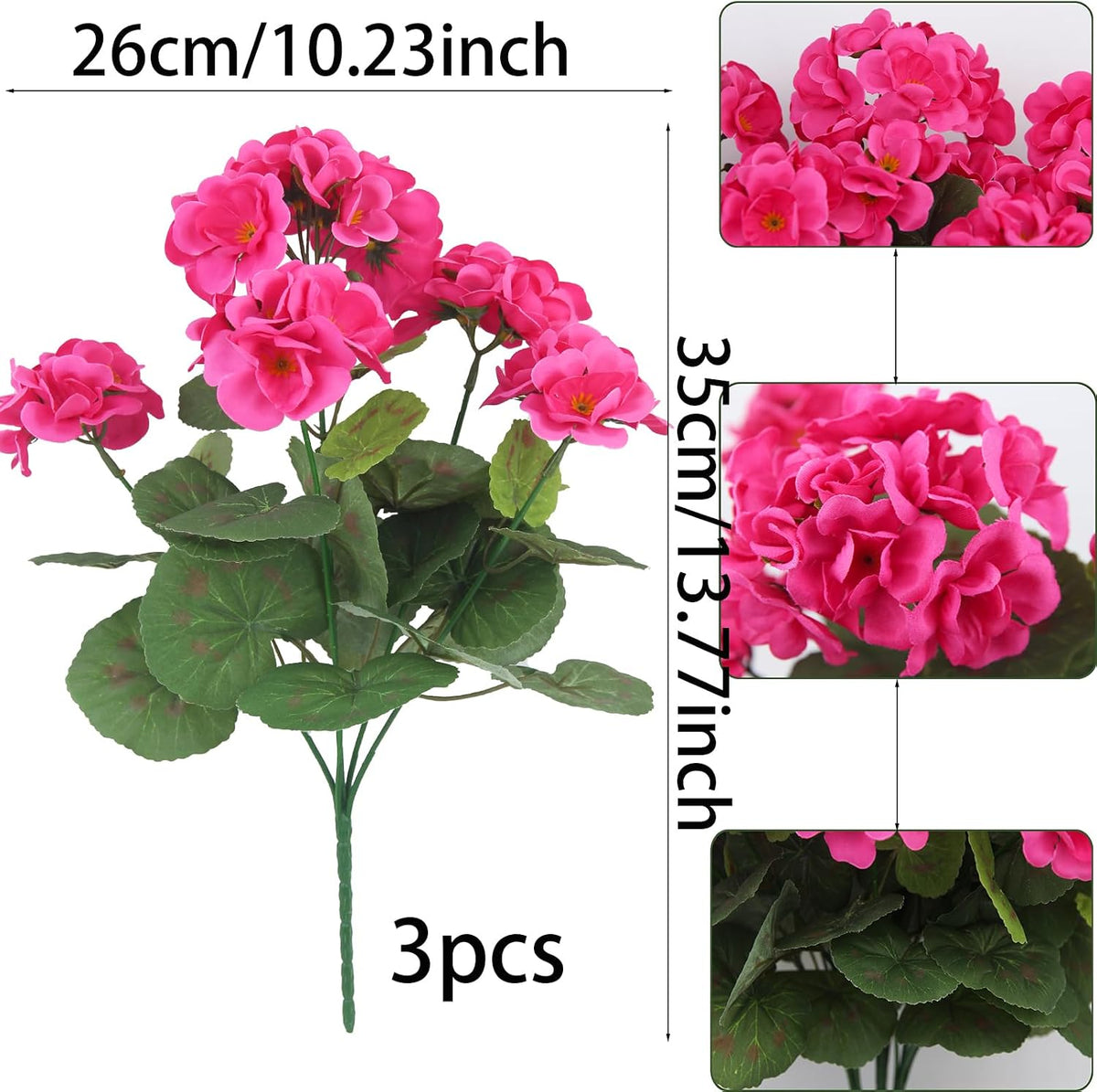 3 Pcs Artificial Geraniums Flowers Silk Geraniums for Outdoors UV Resistant Pink Artificial Geranium Bush Faux Flowers Plant for Planter Garden Home Decor Indoor Patio Vase Table Centerpiece