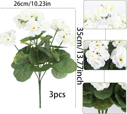 3 Pcs Artificial Geraniums Flowers Silk Geraniums for Outdoors UV Resistant Pink Artificial Geranium Bush Faux Flowers Plant for Planter Garden Home Decor Indoor Patio Vase Table Centerpiece