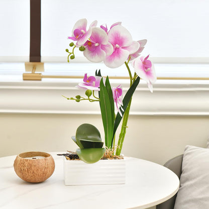 Artificial Real Touch Orchid Flowers in Pot Fake Phalaenopsis Flower with White Ceramic Vase Faux Orchids Arrangement for Home Table Office Wedding Party Decoration (Orange)