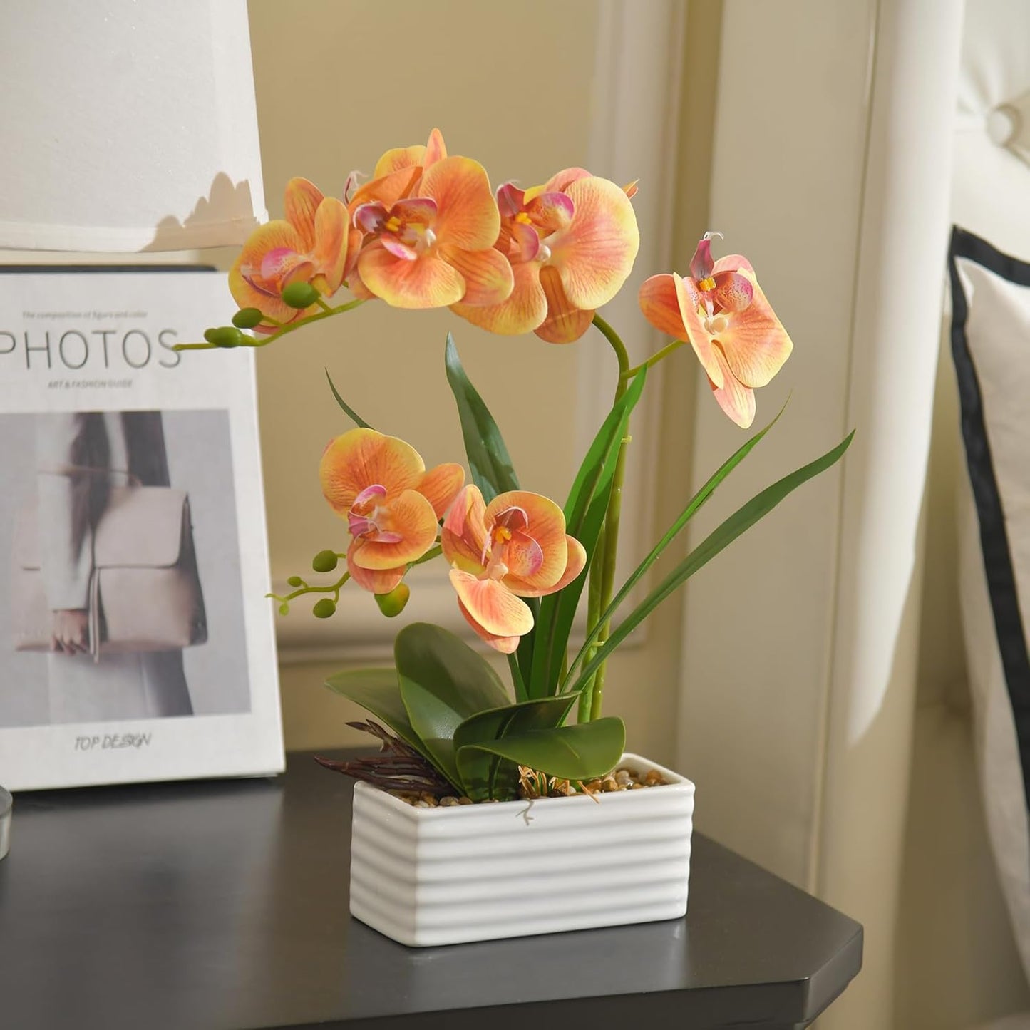 Artificial Real Touch Orchid Flowers in Pot Fake Phalaenopsis Flower with White Ceramic Vase Faux Orchids Arrangement for Home Table Office Wedding Party Decoration (Orange)