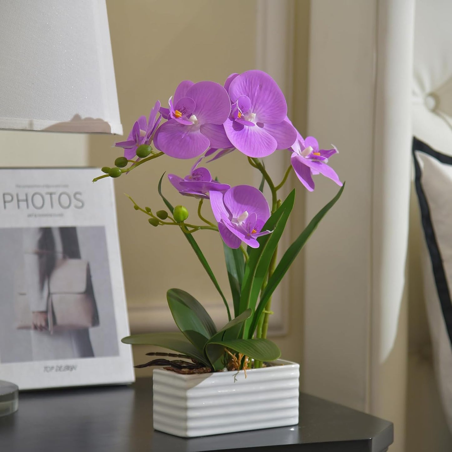 Artificial Real Touch Orchid Flowers in Pot Fake Phalaenopsis Flower with White Ceramic Vase Faux Orchids Arrangement for Home Table Office Wedding Party Decoration (Orange)