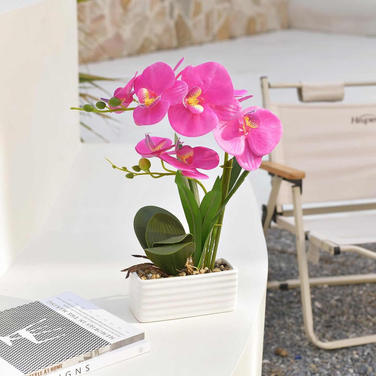 Artificial Real Touch Orchid Flowers in Pot Fake Phalaenopsis Flower with White Ceramic Vase Faux Orchids Arrangement for Home Table Office Wedding Party Decoration (Orange)