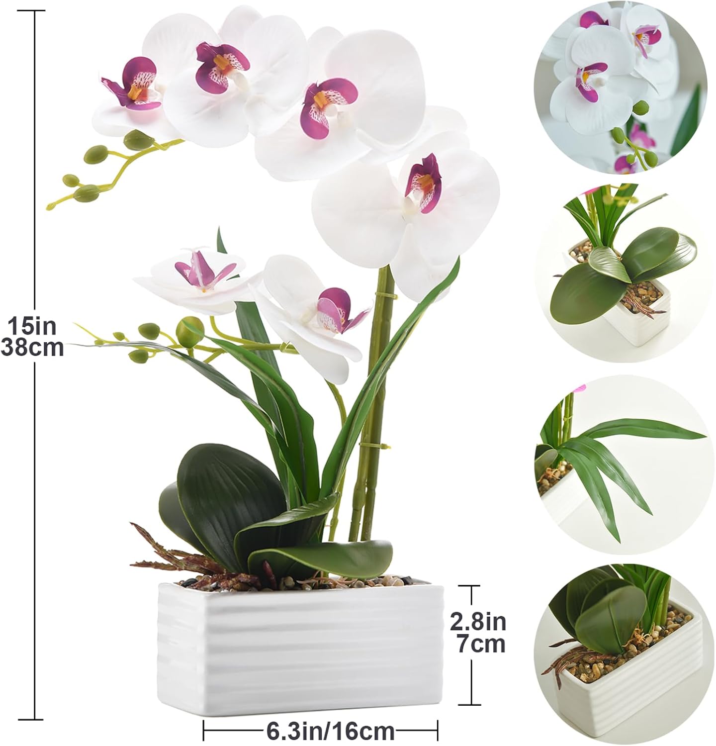 Artificial Real Touch Orchid Flowers in Pot Fake Phalaenopsis Flower with White Ceramic Vase Faux Orchids Arrangement for Home Table Office Wedding Party Decoration (Orange)