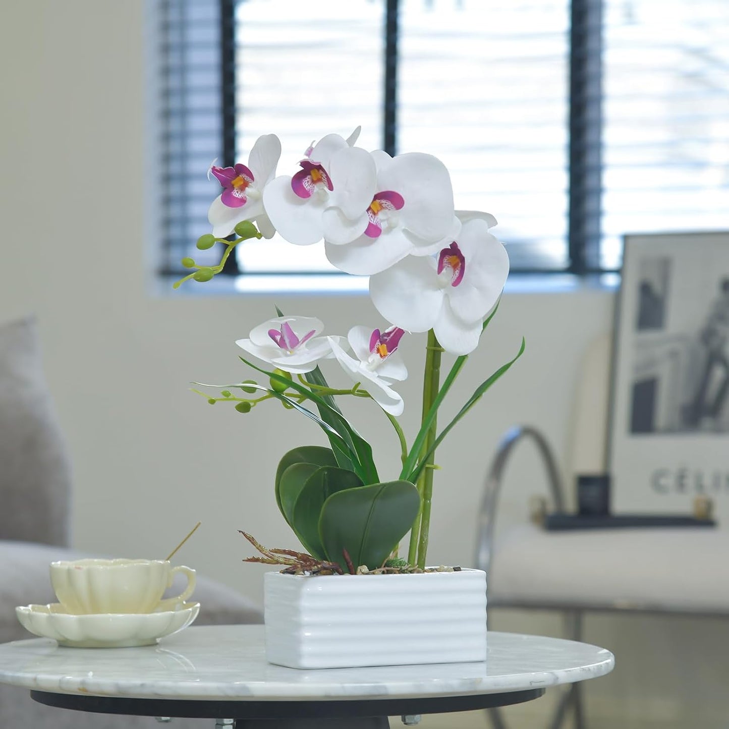 Artificial Real Touch Orchid Flowers in Pot Fake Phalaenopsis Flower with White Ceramic Vase Faux Orchids Arrangement for Home Table Office Wedding Party Decoration (Orange)