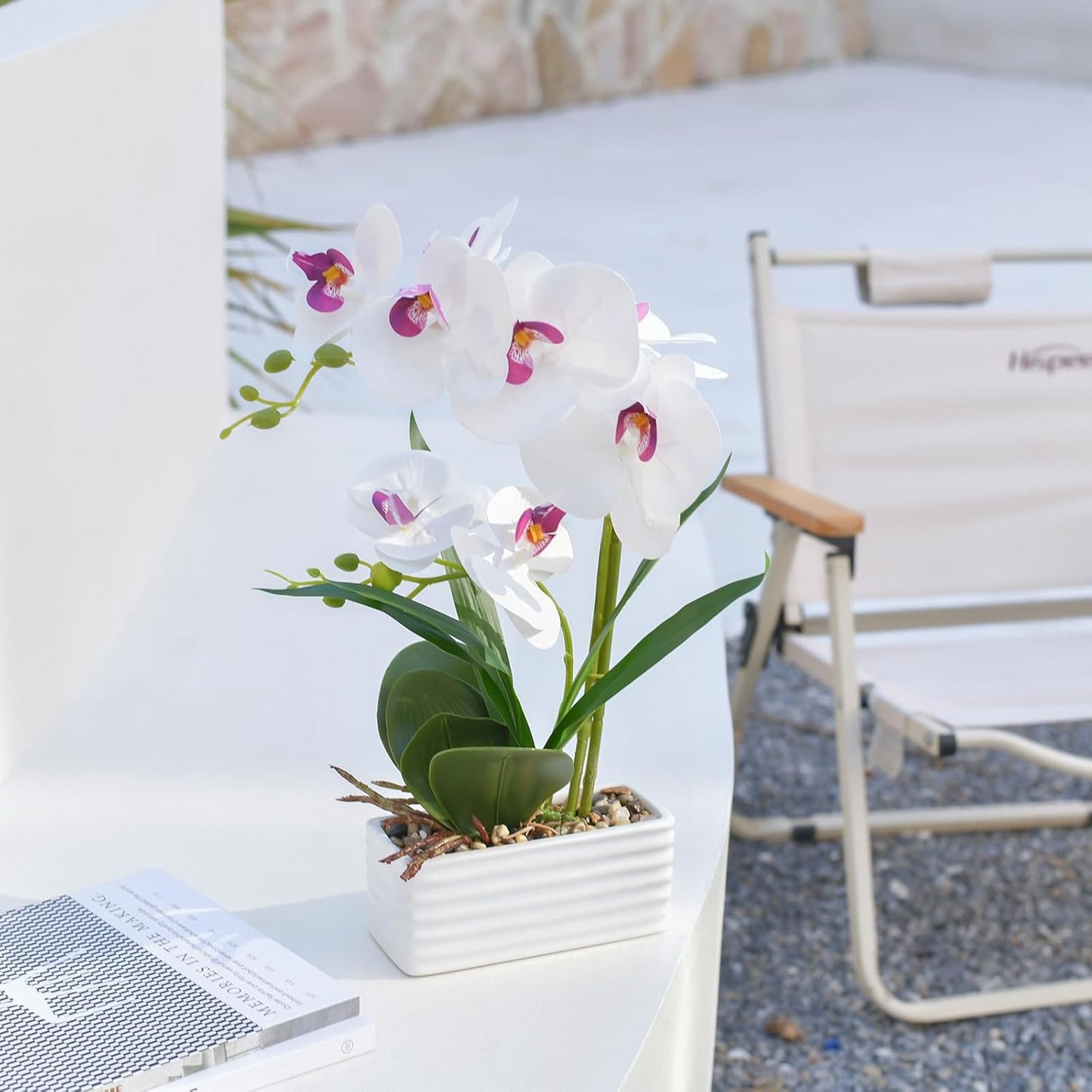 Artificial Real Touch Orchid Flowers in Pot Fake Phalaenopsis Flower with White Ceramic Vase Faux Orchids Arrangement for Home Table Office Wedding Party Decoration (Orange)