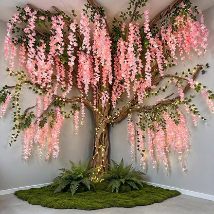 3D Classroom Tree Wisteria Tree Ceiling Decor with Light, Back to School Classroom Bulletin Board Decor, 24 PCS Kraft Paper Fake Vine for Hanging Bedroom Indoor Aesthetic Decoration (White, Purple)