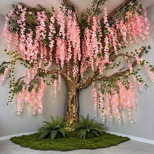 3D Classroom Tree Wisteria Tree Ceiling Decor with Light, Back to School Classroom Bulletin Board Decor, 24 PCS Kraft Paper Fake Vine for Hanging Bedroom Indoor Aesthetic Decoration (White, Purple)
