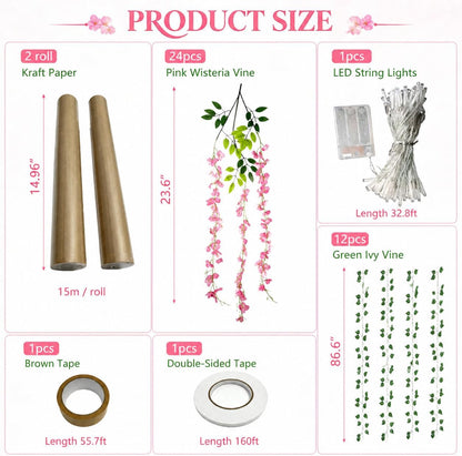 3D Classroom Tree Wisteria Tree Ceiling Decor with Light, Back to School Classroom Bulletin Board Decor, 24 PCS Kraft Paper Fake Vine for Hanging Bedroom Indoor Aesthetic Decoration (White, Purple)