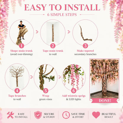 3D Classroom Tree Wisteria Tree Ceiling Decor with Light, Back to School Classroom Bulletin Board Decor, 24 PCS Kraft Paper Fake Vine for Hanging Bedroom Indoor Aesthetic Decoration (White, Purple)