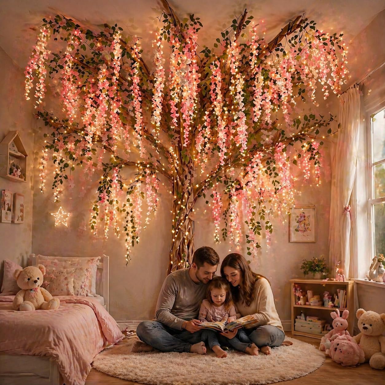 3D Classroom Tree Wisteria Tree Ceiling Decor with Light, Back to School Classroom Bulletin Board Decor, 24 PCS Kraft Paper Fake Vine for Hanging Bedroom Indoor Aesthetic Decoration (White, Purple)